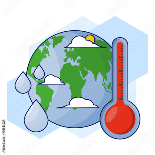 Global Warming Concept. Melting Ball and Thermometer. global warming environment. Climate change risks global greenhouse warming. greenhouse gas emissions, deforestation. Flat vector illustration.