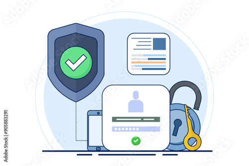 Online authentication concept, strong password for cyber security, high protection and security for login account, secure data privacy, lock user account with strong keypad. vector illustration.