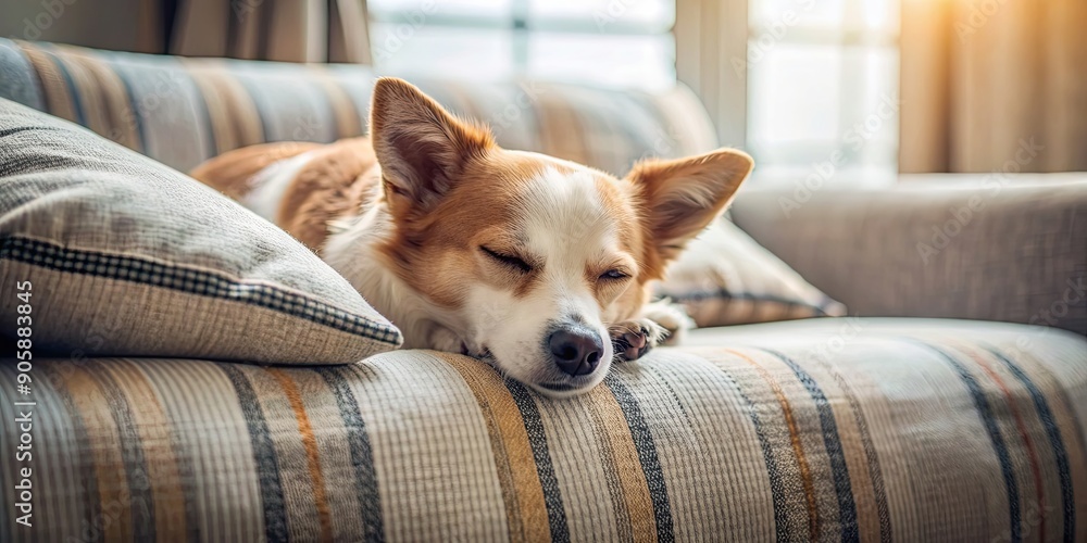 A cute dog peacefully sleeping on a comfortable couch with a pillow , dog, pet, animal, sleeping, relaxation, cozy, comfortable A cute dog peacefully sleeping on a comfortable couch with a pillow , dog, pet, animal, sleeping, relaxation, cozy, comfortable