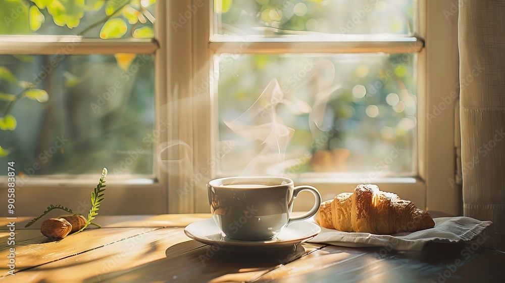 Morning light streaming through a window onto a cup of espresso and a croissant Morning light streaming through a window onto a cup of espresso and a croissant