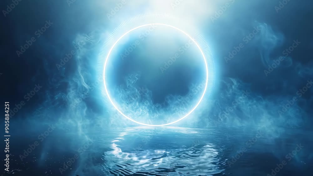 Glowing circular portal over reflective water with mist, futuristic and mystical concept Glowing circular portal over reflective water with mist, futuristic and mystical concept