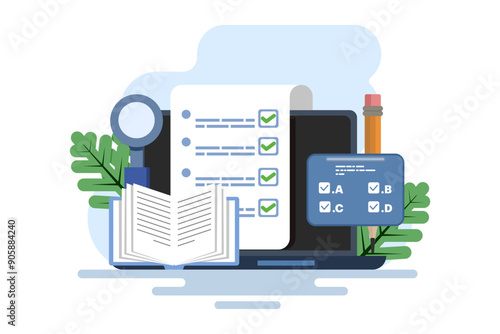 Online exam platform concept with big computer and testing site. Online Education. education concept. choose answers for exam tests and achieve good results. flat vector illustration on background.