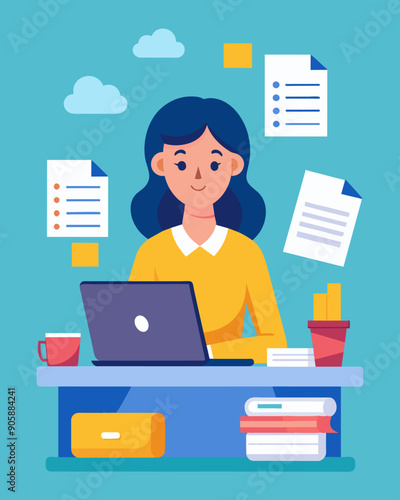 A woman sitting at her desk surrounded by bills and invoices creating a meticulous spreadsheet to track her progress in paying off her student loan debt.. Vector illustration
