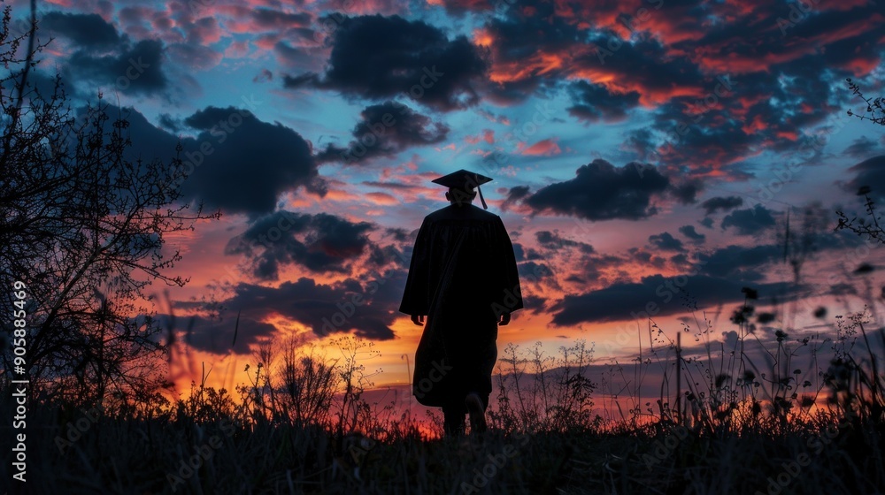 Obraz premium Silhouette of Graduate Walking into Sunset.