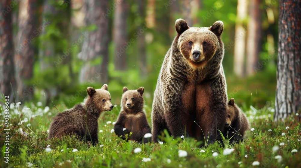 Obraz premium Mother bear with her cubs in a forest clearing
