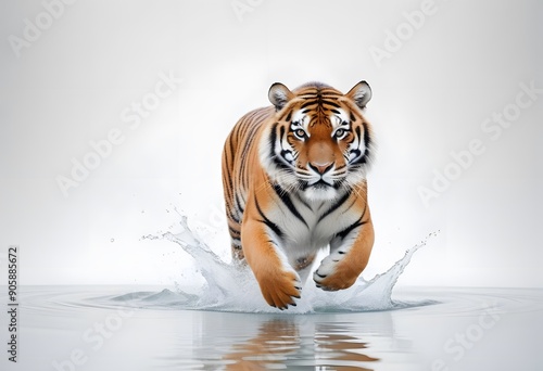 a tiger running in water with a splash of water splashing around it. photo