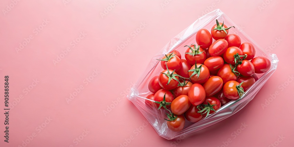 Fresh cherry tomatoes in a plastic bag on a soft pink background, fresh, tomatoes, cherry, plastic bag, still life, vibrant Fresh cherry tomatoes in a plastic bag on a soft pink background, fresh, tomatoes, cherry, plastic bag, still life, vibrant