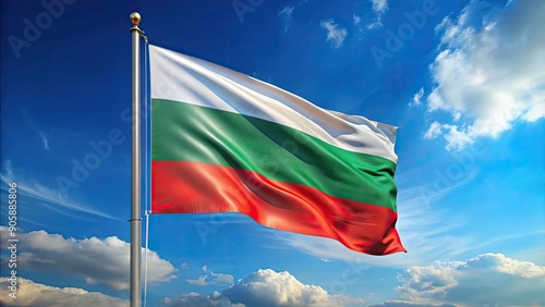 Fotografie Bulgaria flag waving in the wind under a clear blue sky, Bulgaria, flag, nationa