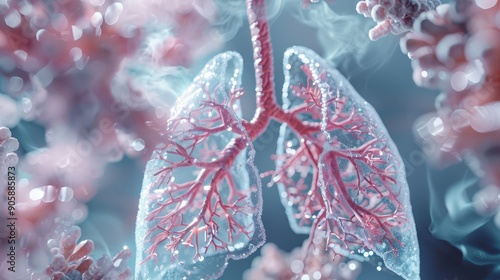 A close up of a lung with red veins and pink tissue photo