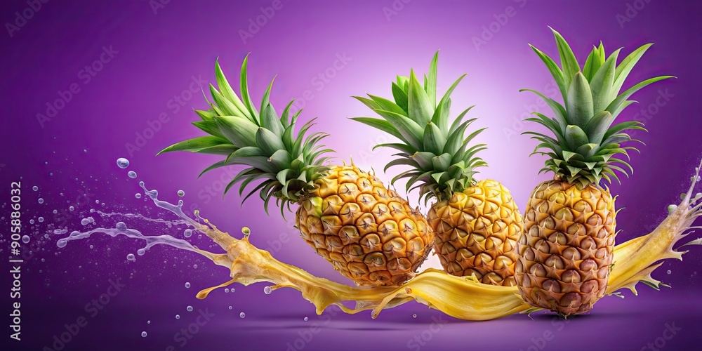Fototapeta premium Pineapples with juice splash on a purple background, pineapples, juice, splash, purple, background, tropical, fresh