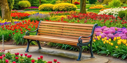 Fototapeta Naklejka Na Ścianę i Meble -  Park bench surrounded by colorful flowers and trees, park, bench, park bench, flowers, trees, nature, outdoor, relaxation