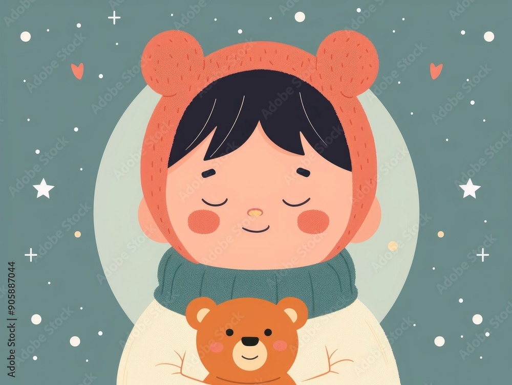 of a cheerful playful baby wearing a cozy hat and mittens snuggling and hugging a soft plush teddy bear in a serene snowy winter landscape with twinkling stars and snowflakes of a cheerful playful baby wearing a cozy hat and mittens snuggling and hugging a soft plush teddy bear in a serene snowy winter landscape with twinkling stars and snowflakes