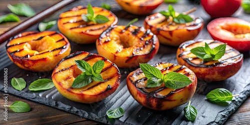 Grilled peaches with charred stripes on them , food, fruit, peach, grilled, charred, stripes, summer, BBQ, tasty, healthy