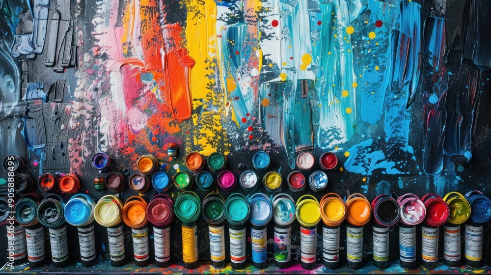 Fototapeta premium Colorful paint cans with abstract paint background.