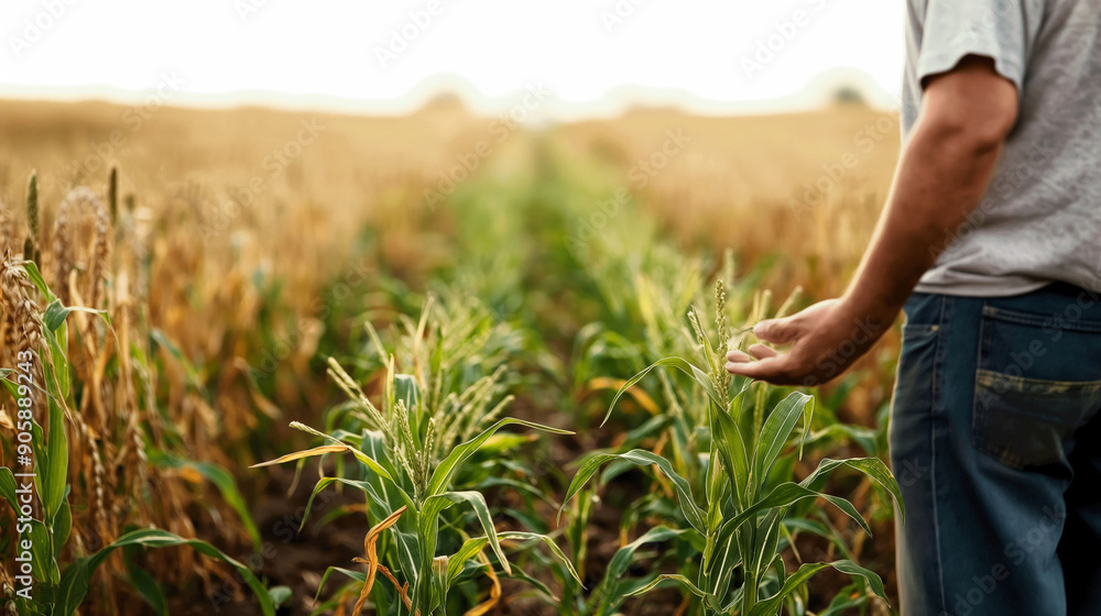 Fototapeta premium Farmer standing in cornfield, focus on corn plant, agricultural worker in field, farming and agriculture concept, rural landscape.