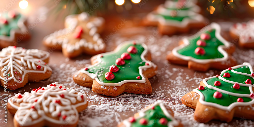 A row of Christmas cookies with green icing and red and white decorations. The cookies are arranged on a table with a snowy background A row of Christmas cookies with green icing and red and white decorations. The cookies are arranged on a table with a snowy background