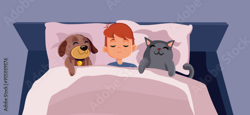 Funny Boy Sleeping with His Dog and Cat Vector Illustration. Kid  falling asleep next to his domestic animals bonding sharing a bed
