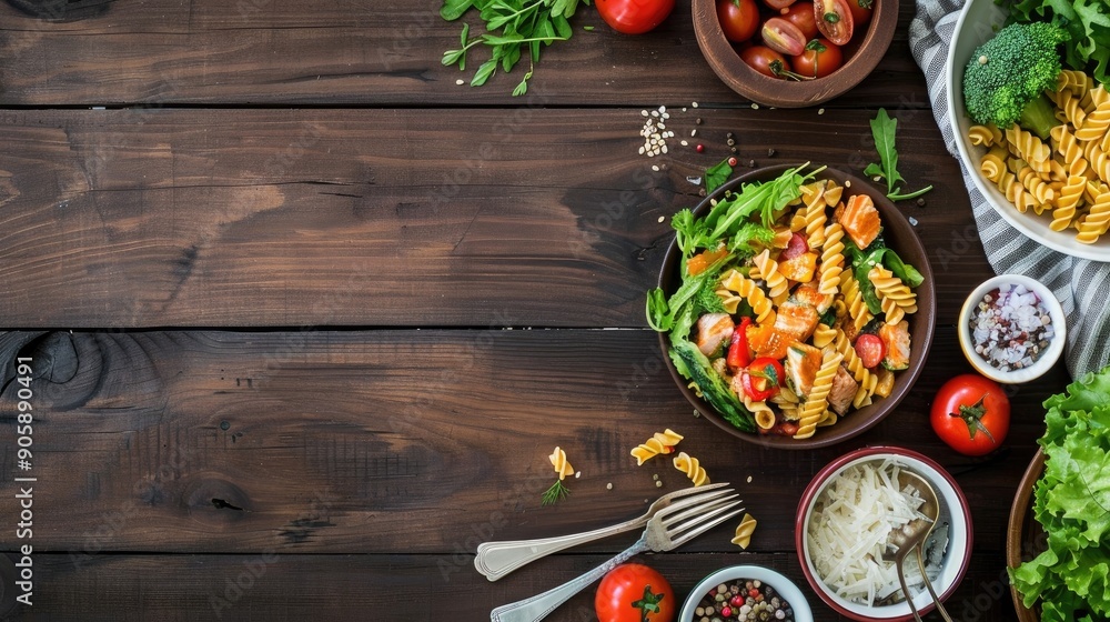 Rustic top view of tuna pasta salad and vegetables with copy space Rustic top view of tuna pasta salad and vegetables with copy space
