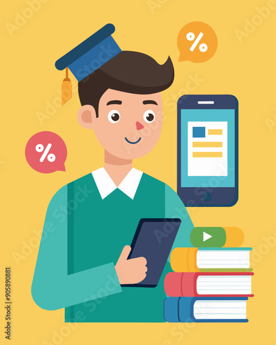A student using a price comparison app to find the cheapest textbooks for their upcoming semester.. Vector illustration