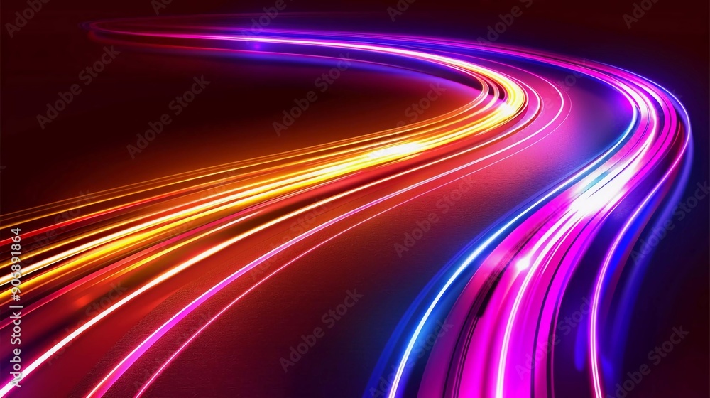 Trendy geometric neon collage for speed movement. Acceleration speed motion on night road. Very nice light and stripes moving fast over dark background Trendy geometric neon collage for speed movement. Acceleration speed motion on night road. Very nice light and stripes moving fast over dark background