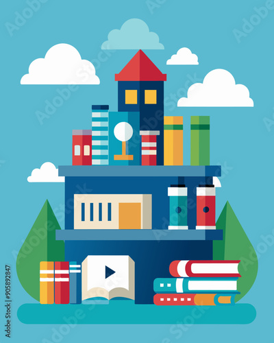 A visit to a public library to borrow books movies or attend a free event or workshop.. Vector illustration