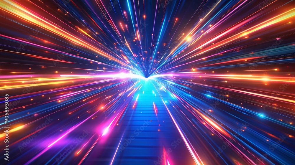 Trendy geometric neon collage for speed movement. Acceleration speed motion on night road. Very nice light and stripes moving fast over dark background Trendy geometric neon collage for speed movement. Acceleration speed motion on night road. Very nice light and stripes moving fast over dark background