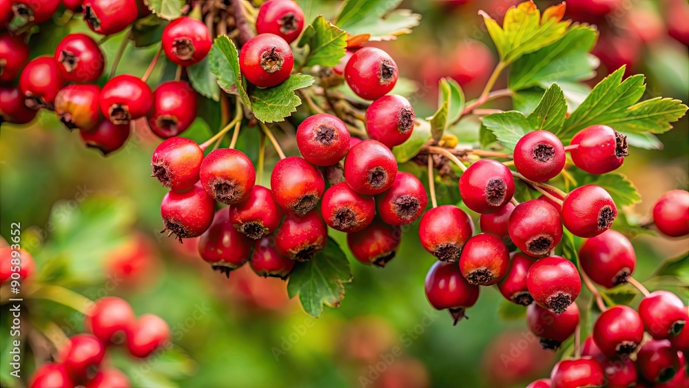 Close-up of ripe hawthorn berries on a bush , hawthorn, crataegus monogyna, medicinal plant, nature, shrub, ripe, red, berries Close-up of ripe hawthorn berries on a bush , hawthorn, crataegus monogyna, medicinal plant, nature, shrub, ripe, red, berries