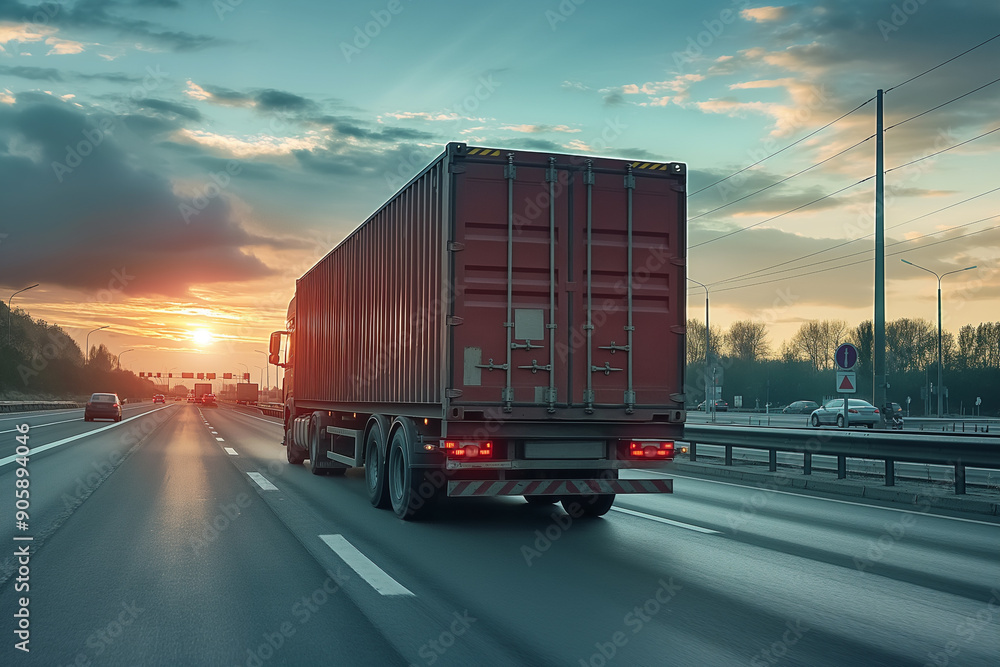 Red container truck on highway during sunset, logistics and transportation, freight vehicle in motion, scenic road journey, evening drive Red container truck on highway during sunset, logistics and transportation, freight vehicle in motion, scenic road journey, evening drive
