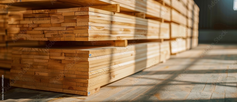 Stacks of wooden planks in a sunlit warehouse, with shadows creating patterns on the floor, symbolizing the integration of nature and industrial craftsmanship Stacks of wooden planks in a sunlit warehouse, with shadows creating patterns on the floor, symbolizing the integration of nature and industrial craftsmanship