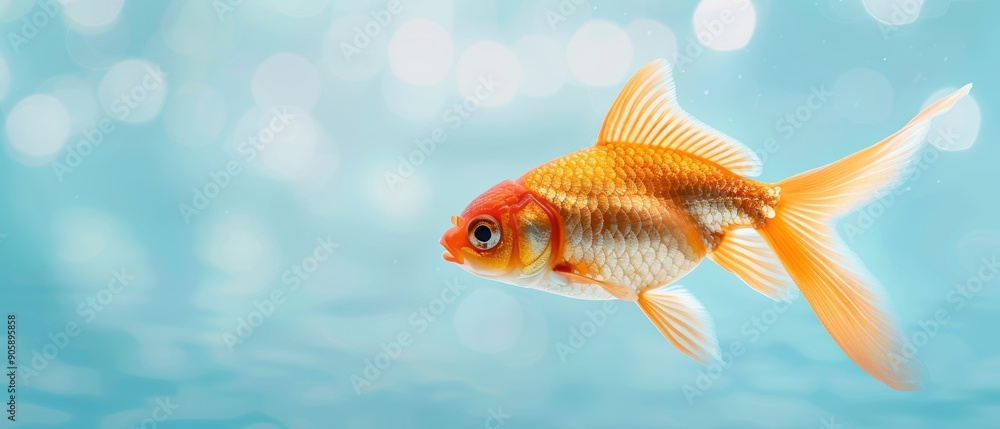 Goldfish in clear blue water, featuring a bright orange and white color palette, set against a serene, simple underwater background Goldfish in clear blue water, featuring a bright orange and white color palette, set against a serene, simple underwater background