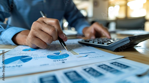 Businessman Analyzing Financial Documents with Calculator