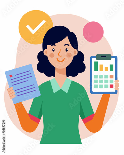 A woman excitedly shows her friends her new budgeting spreadsheet which includes a debt consolidation strategy to help her pay off her debts faster.. Vector illustration