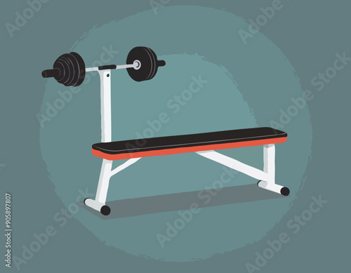 Gym Weight Bench Sticker For Exercise vector illustration. Body fitness objects icon concept. Adjustable weight bench with barbell sticker design icon with shadow