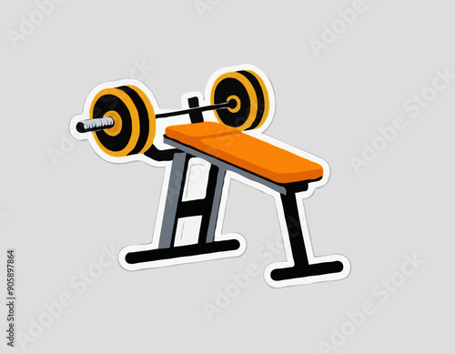 Gym Weight Bench Sticker For Exercise vector illustration. Body fitness objects icon concept. Adjustable weight bench with barbell sticker design icon with shadow