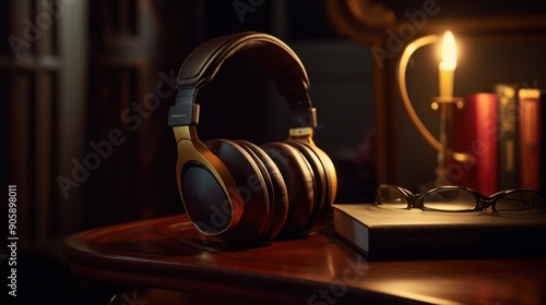 Golden Headphones Resting on a Wooden Table Beside a Book and Glasses