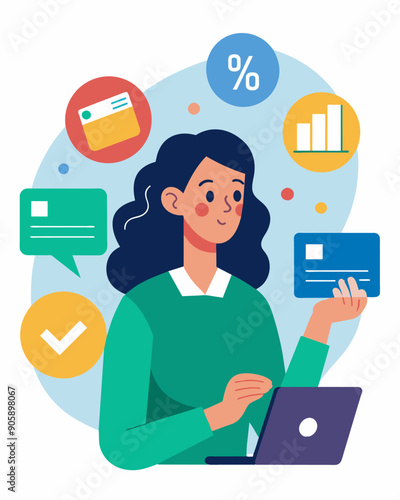 A woman carefully compares credit card offers taking into account interest rates fees and other factors that will help her on her journey to repair her credit.. Vector illustration