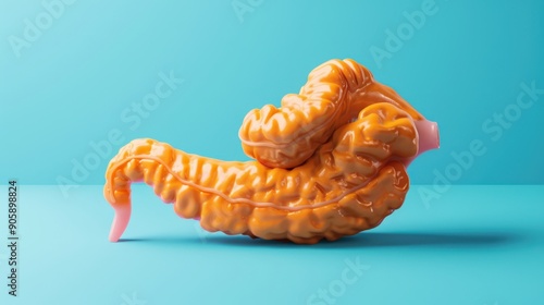 A fake orange brain with pink tongue is on a blue background photo