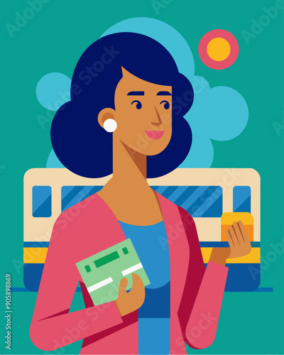 A woman glances at her bus pass satisfied with the money she has saved by taking public transportation.. Vector illustration