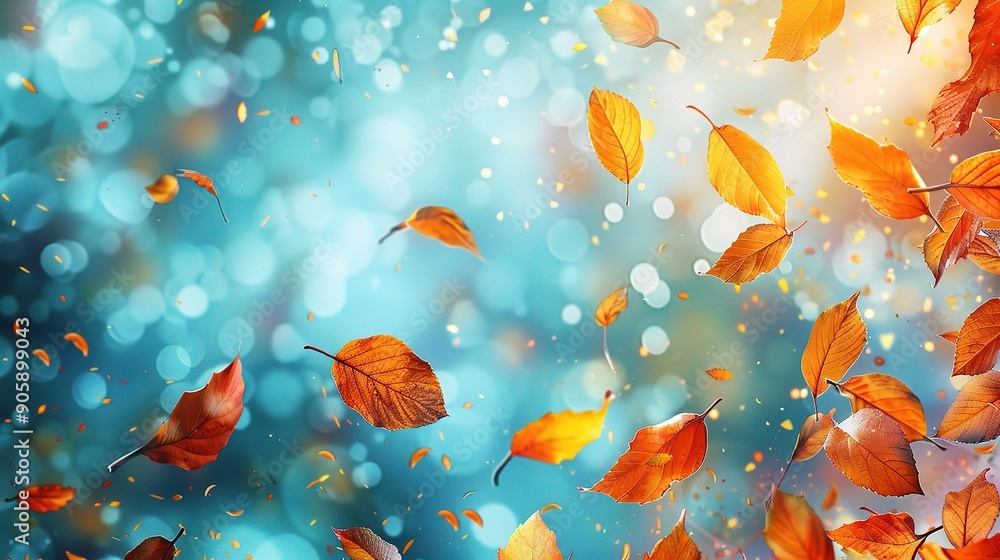 Autumn Leaves Dance: A vibrant symphony of fall foliage, with golden leaves twirling and swirling against a backdrop of turquoise blue bokeh, evoking a sense of warmth, peace, and the beauty of change Autumn Leaves Dance: A vibrant symphony of fall foliage, with golden leaves twirling and swirling against a backdrop of turquoise blue bokeh, evoking a sense of warmth, peace, and the beauty of change