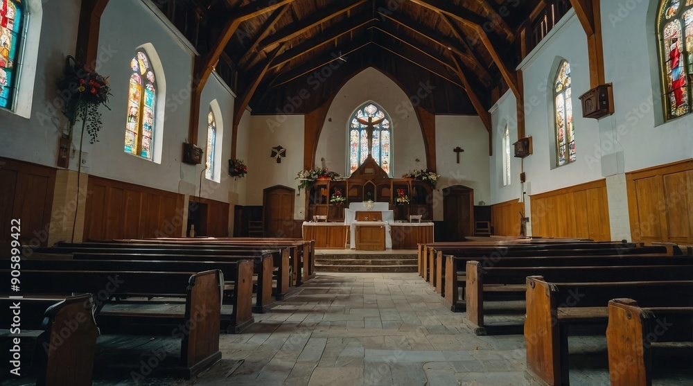Fototapeta premium Empty Church Interior with Wooden Pews and Stained Glass Windows