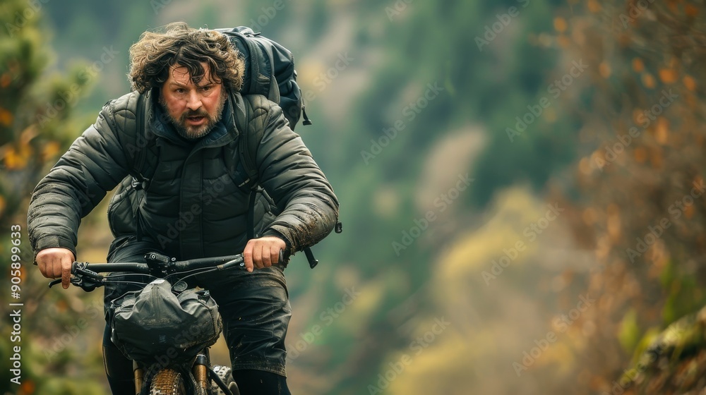 Fototapeta premium A Man Rides His Bike Through an Autumnal Forest