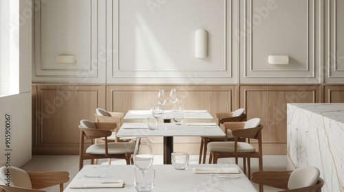 Wallpaper Mural Minimalist restaurant interior with white marble table and wooden chairs. Torontodigital.ca
