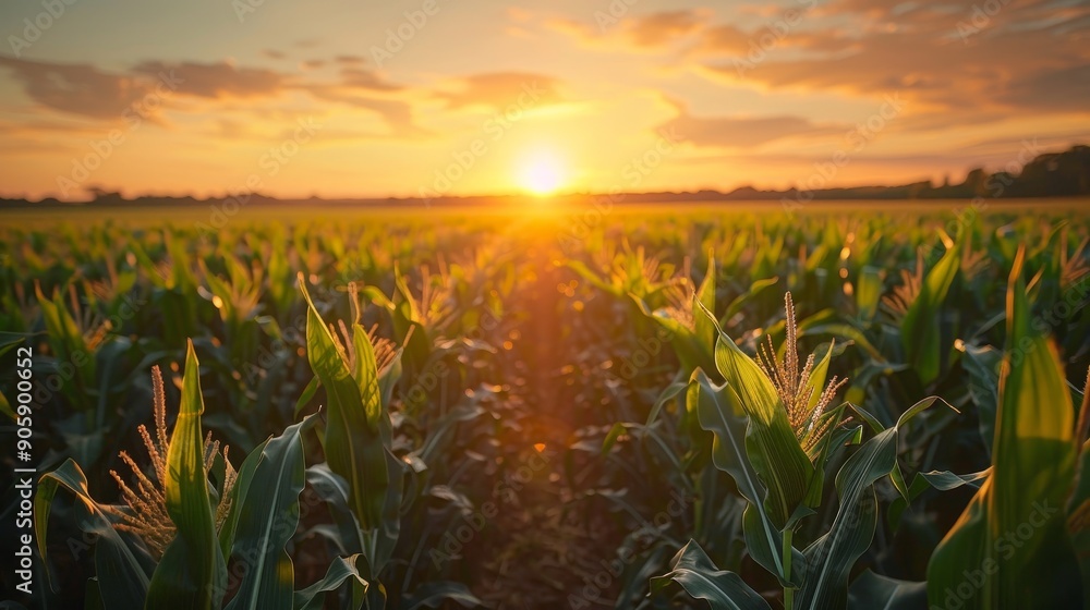 Sunset Over a Field of Corn Plants Sunset Over a Field of Corn Plants