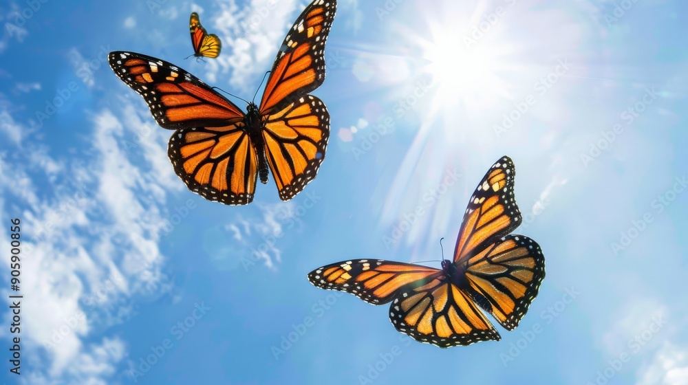 Fototapeta premium Pair of butterflies dancing in the air against a blue sky