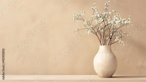 Wallpaper Mural Serene Simplicity: Dried white wildflowers grace a minimalist beige vase, a study in texture and natural elegance against a muted backdrop.  Torontodigital.ca