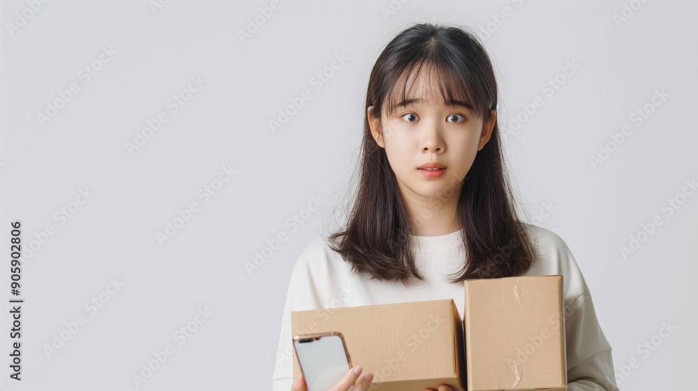 Smiling woman holding smartphone and packages, online shopping delivery, customer receiving order, happy recipient, home delivery service. Smiling woman holding smartphone and packages, online shopping delivery, customer receiving order, happy recipient, home delivery service.