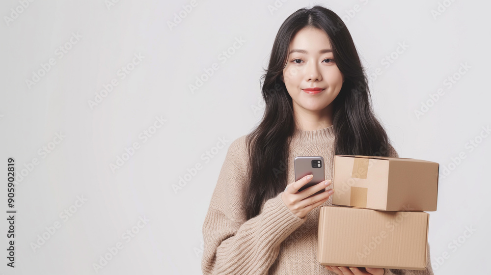 Smiling woman holding smartphone and packages, online shopping delivery, customer receiving order, happy recipient, home delivery service. Smiling woman holding smartphone and packages, online shopping delivery, customer receiving order, happy recipient, home delivery service.