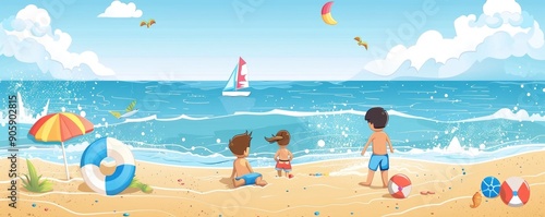 Cheerful of a family beach day with children playing in the sand and ocean surrounded by beach toys sailboats and a vibrant sunny sky with clouds