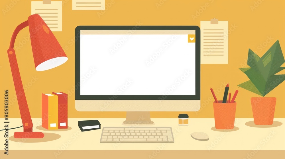 Modern desk with computer, lamp, plant, and office supplies. Modern desk with computer, lamp, plant, and office supplies.