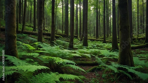 The image features a dense forest with tall, straight trees extending vertically, creating a sense of depth